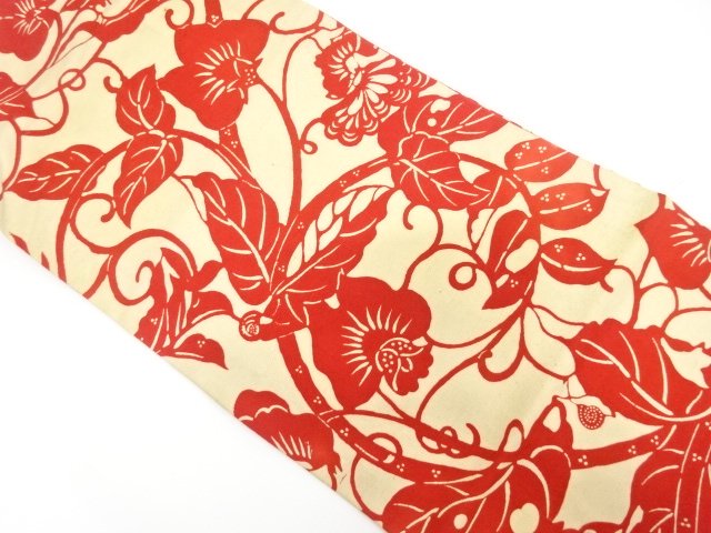 JAPANESE KIMONO / ANTIQUE NAGOYA OBI / JODAI TSUMUGI / KATAZOME / FLOWER ARABESQUE